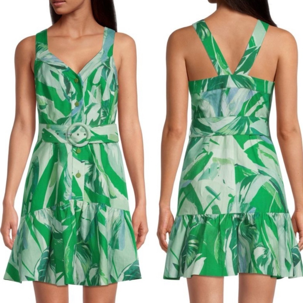 Ted Baker Yaz Belted Green Leaf Print Linen Blend Mini Dress SIZE 10